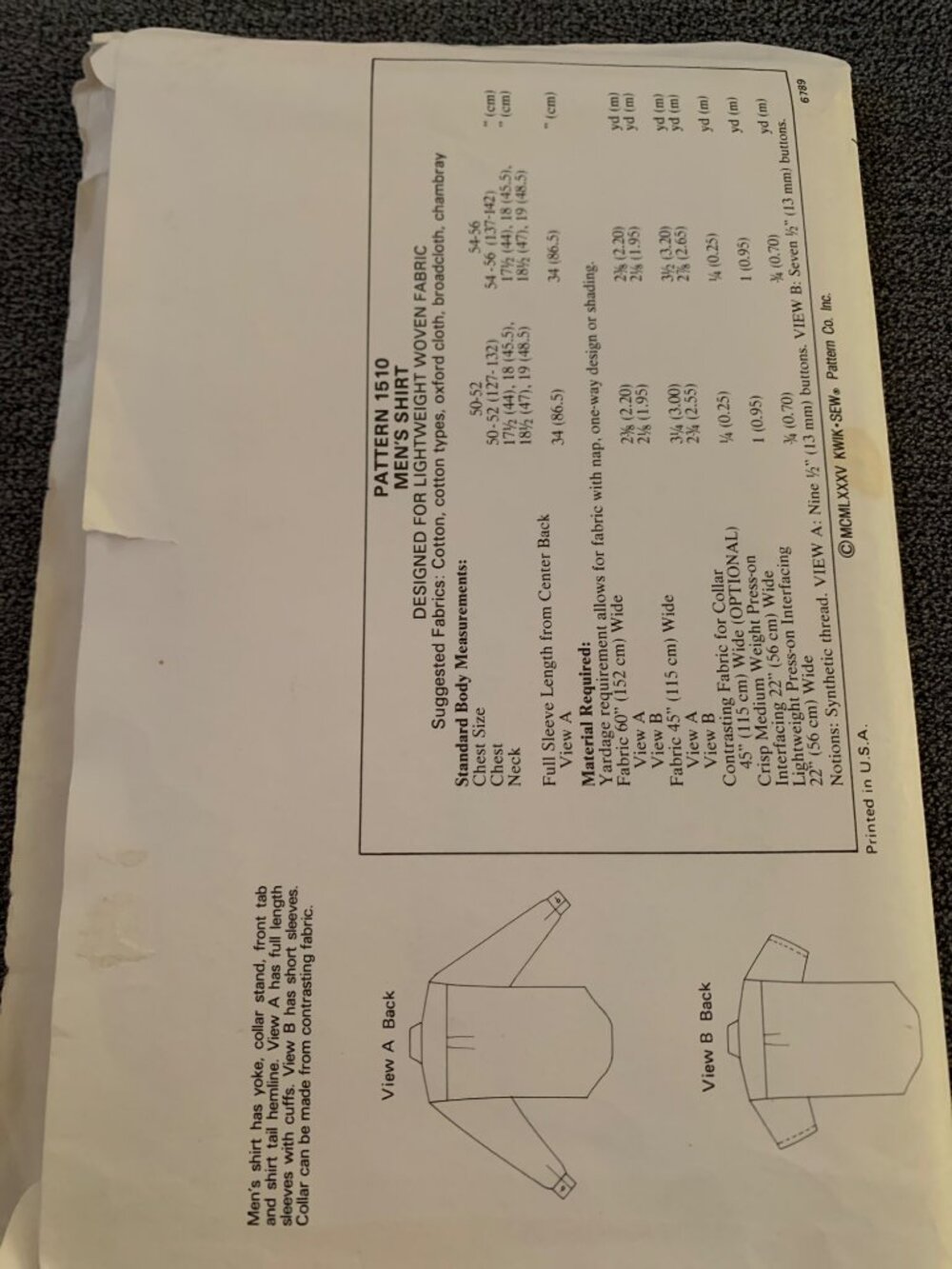 Kwik Sew 1510 Mens Shirt Sewing Pattern Chest Size 50-56 Neck 17 1/2-19 Uncut - Picture 3 of 5
